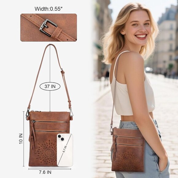 Women’s Vegan Leather Crossbody Bag Sunflower Design Adjustable Strap - Picture 3 of 6